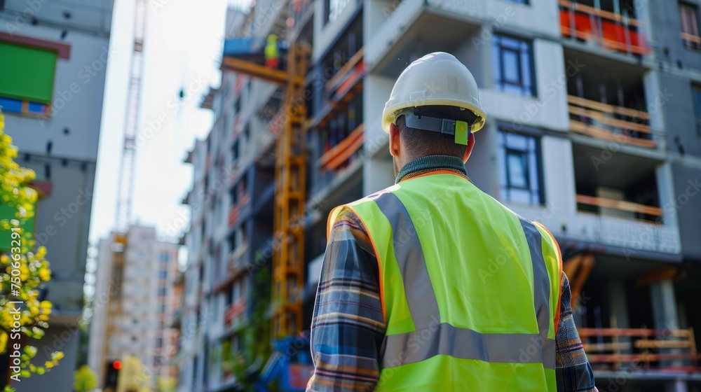A construction worker in safety gear stands in front of a partially constructed building, surveying the progress of construction work