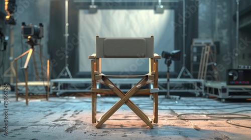 A directors chair is positioned in front of a set of bright lights, ready for a film or stage production
