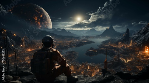 A man against the background of the planets looks at the city © Dm