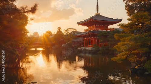 Serene japanese temple at sunset reflecting on water. tranquil scenery with warm golden light. ideal for travel postcards. serene landscape photography. AI
