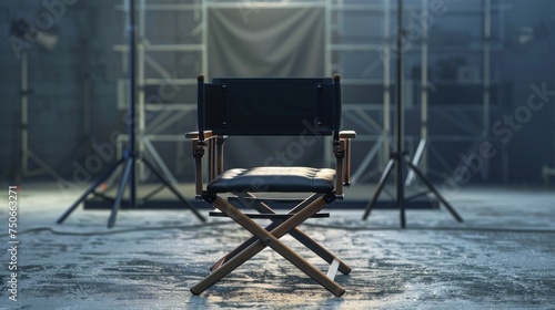 A directors chair placed in front of a stage, ready for action and direction