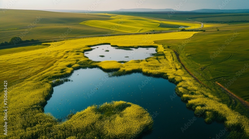 Traverse through fields of vibrant yellow rapeseed flowers in the countryside, interspersed with serene blue water ponds reflecting the clear sky above