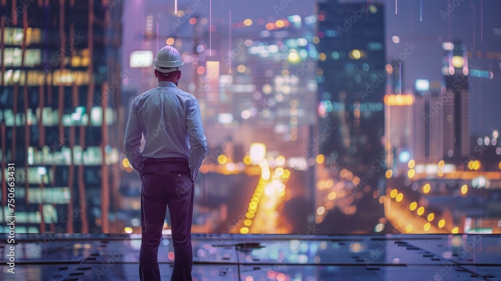 A man standing on top of a buildings roof, gazing at the expansive city skyline below A man standing on top of a buildings roof, gazing at the expansive city skyline below