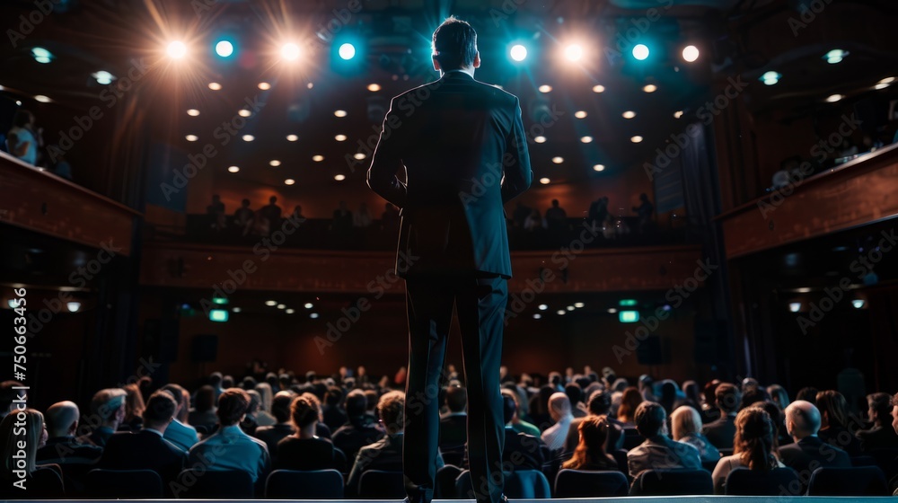 A man is standing in front of a gathered crowd of people, who are looking attentively towards him A man is standing in front of a gathered crowd of people, who are looking attentively towards him
