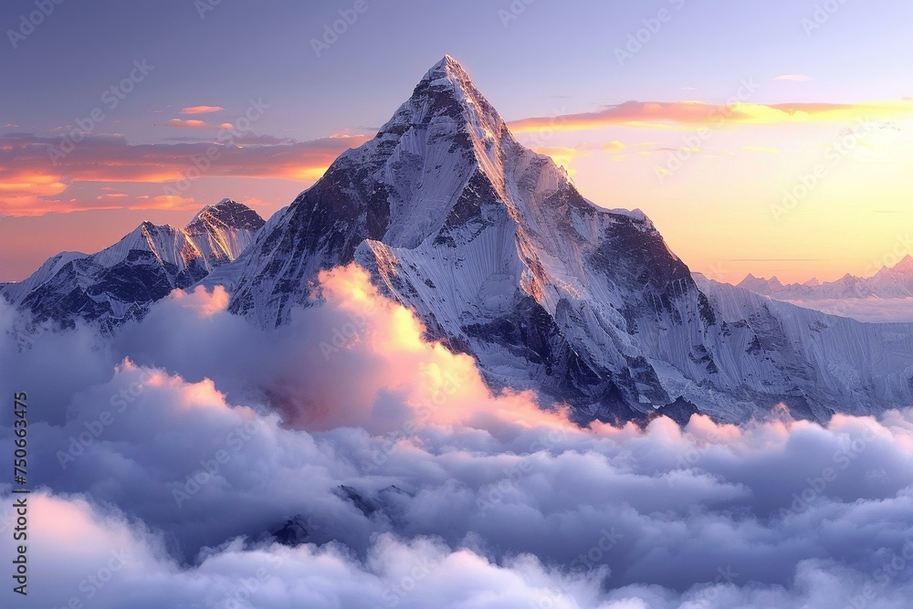 Mountain peak piercing through clouds at dawn, majestic and inspiring