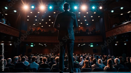 A man is standing in front of a gathered crowd of people, who are looking attentively towards him