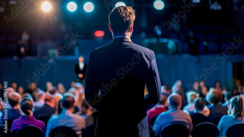 A man is standing confidently in front of a large crowd of people, facing them and possibly addressing them