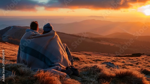 A man sits on a hilltop, wrapped in a blanket, looking out at the landscape