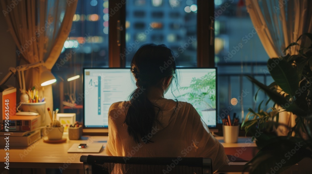 A woman is seated at a desk, concentrating on her computer screen - obrazy, fototapety, plakaty 