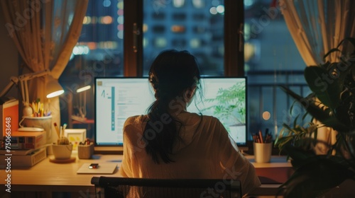 A woman is seated at a desk, concentrating on her computer screen photo