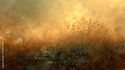 Golden sunrise over dewy meadow, serene natural landscape. warm light bathing wild grass, perfect for backgrounds and wall art. AI