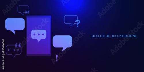 Digital smartphone with speech balloon for quote and dialogue on dark blue. Networking and social communication concept background.