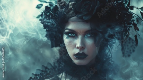 Beautiful Woman Background in the Style Ethereal Gothic Dreamscape with Edgy Undertones - Emo Goth Girl Wallpaper created with Generative AI Technology © Sentoprotak