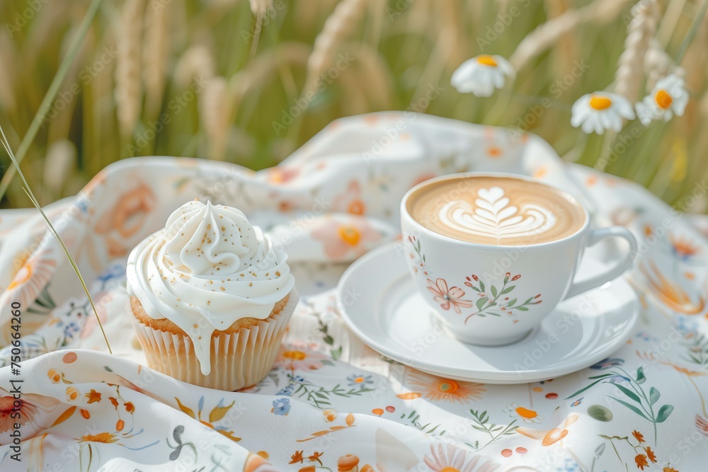 Fototapeta premium coffee and cupcakes on a spring themed floral print table cloth and a wheat field in the background, cottagecore