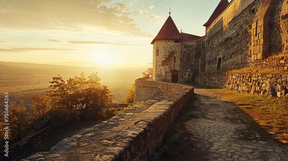 Witness the timeless elegance of Freyschloessl Fortress as the sun sets behind its weathered walls, casting a golden glow over the historic landmark 