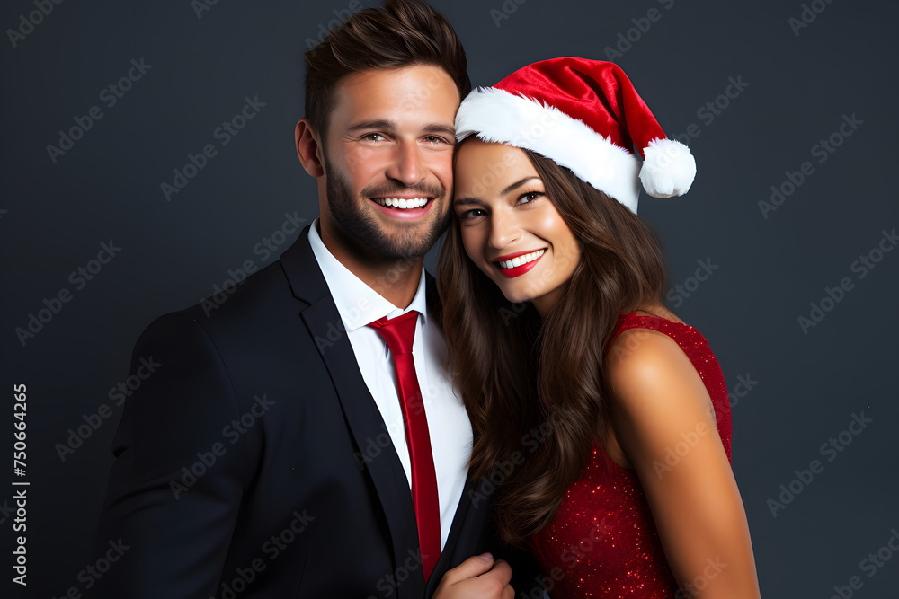 Young couple donning Christmas hats, ideal for your festive marketing endeavors. Young couple donning Christmas hats, ideal for your festive marketing endeavors.