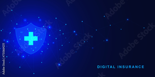 Digital insurance or assurance with shield and medical cross. Healthcare protection concept on futuristic background.