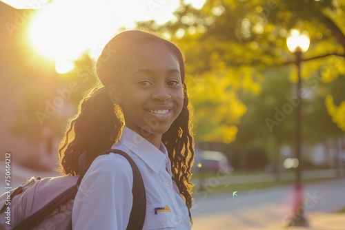 a beautiful happy african teenager girl wearing summer school uniform on her way to school photo