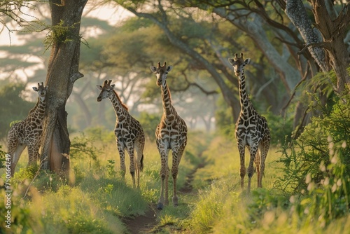 Giraffe family browsing on tall trees, wide-angle savannah scene © Seksan