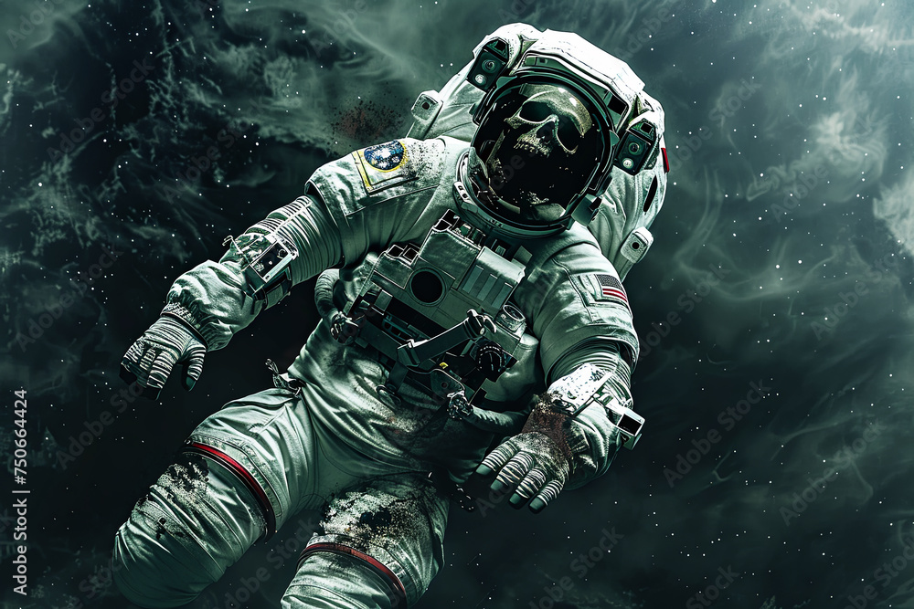 Fototapeta premium Zombie skeleton astronaut in spacesuit floating in space illustration. 