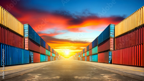 Industrial Sunset Over Stacked Colorful Cargo Containers