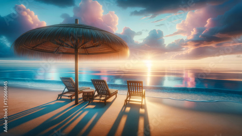 Tropical Beach Dawn with Thatched Umbrella and Chairs