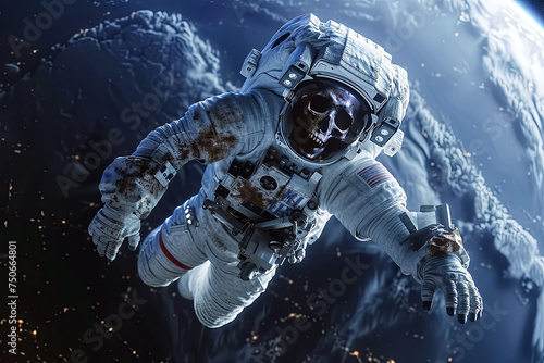 Zombie skeleton astronaut in spacesuit floating in space illustration.  photo
