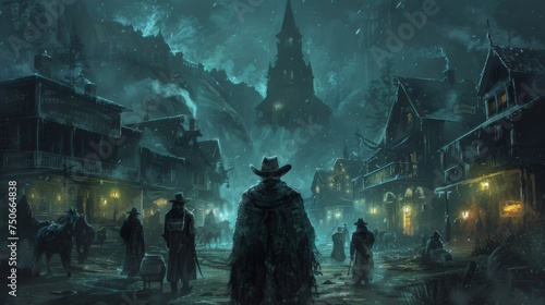 Illustrate the chilling encounter between Western outlaws and vengeful spirits in a ghost town filled with ominous messages and cryptic symbols photo