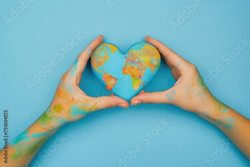 Female hands, painted in the world map, forming heart shape.
