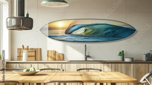 Surfboard decorated in modern dining room.
