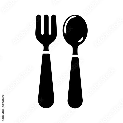 Baby cutlery icon. Black silhouette of a baby fork and spoon on white background. Vector illustration.