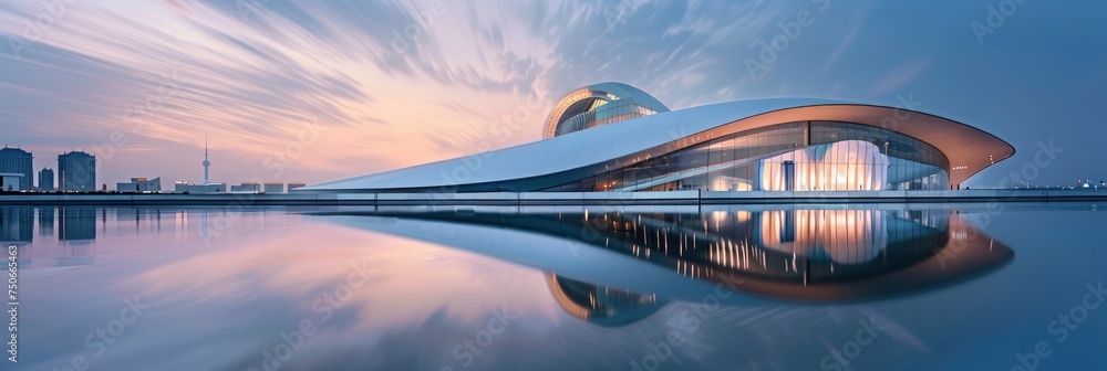 Futuristic Architecture, Building Soaring into the Blue Sky, Reflecting in Water, Evoking a Vision of Tomorrow