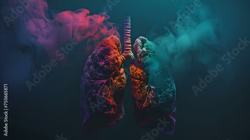 Artistic representation of human lungs with vivid colors and smoke, conceptual health image. AI