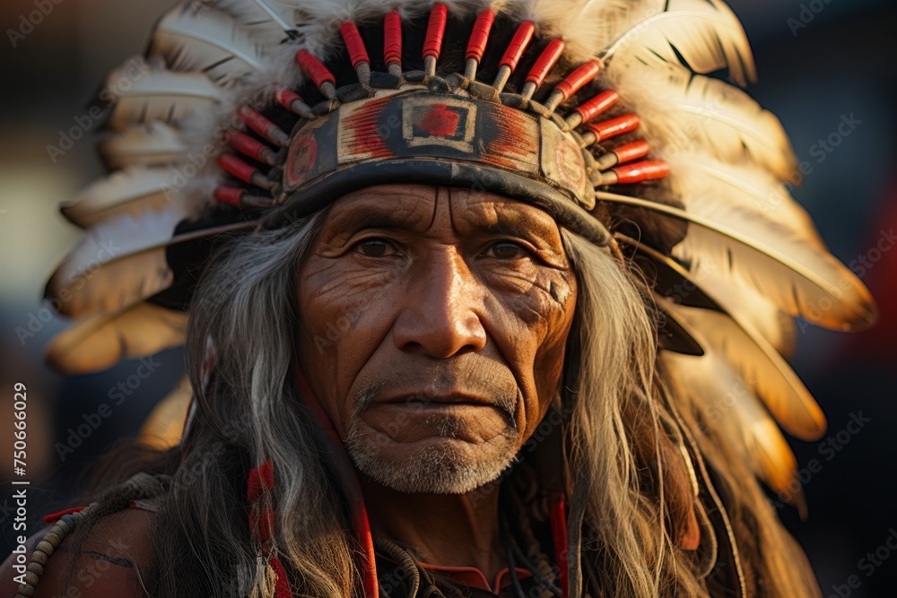 Obraz premium an american indian standing in the warm glow of a red sunset, with ample space for adding text