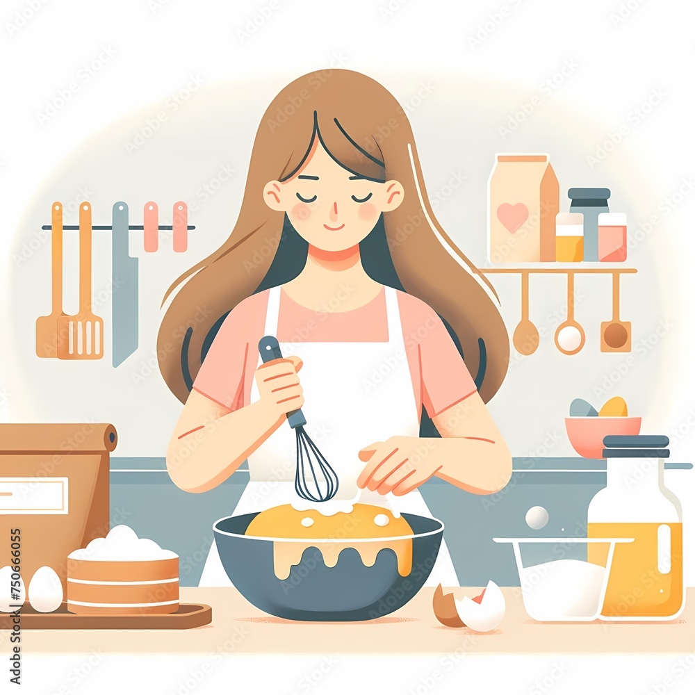 An illustrated young woman happily whisking batter in a cozy kitchen setting, surrounded by baking ingredients and utensils. An illustrated young woman happily whisking batter in a cozy kitchen setting, surrounded by baking ingredients and utensils.