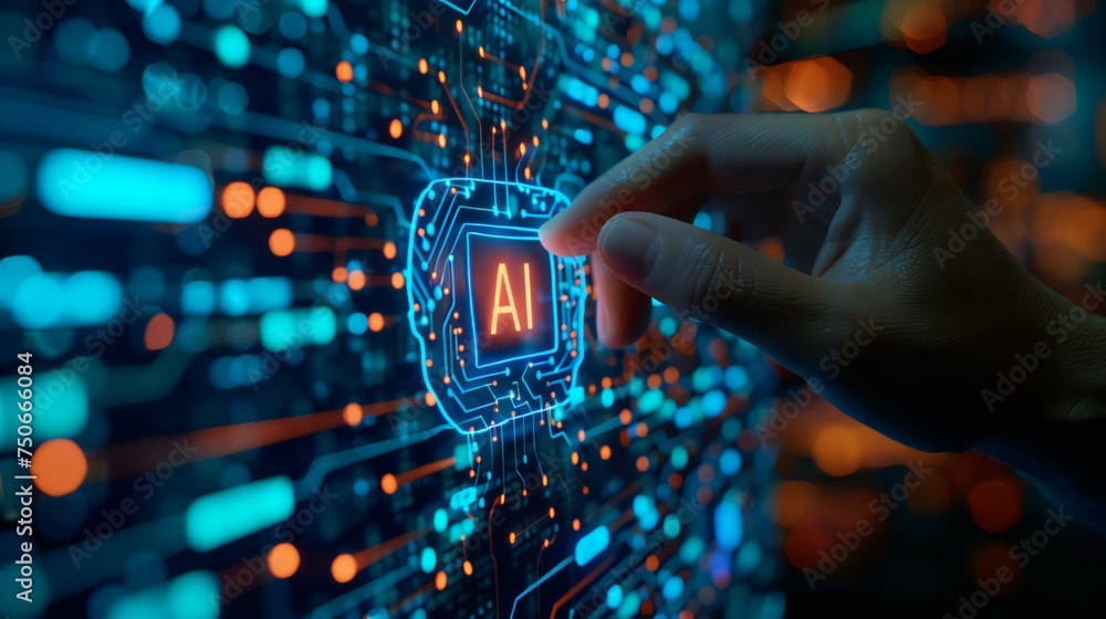 A hand is pointing at a glowing computer chip with the letters AI on it. Concept of technological advancement and the potential for artificial intelligence to revolutionize the way we live and work - obrazy, fototapety, plakaty 