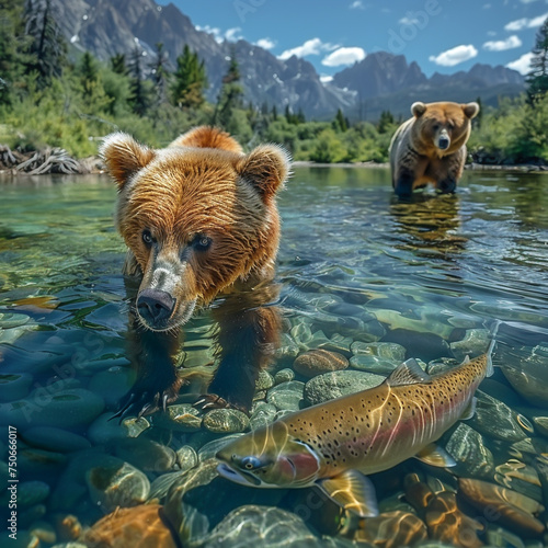 a brown bear hunts salmon in shallow clear water,