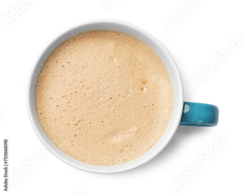 Aromatic coffee in cup isolated on white, top view