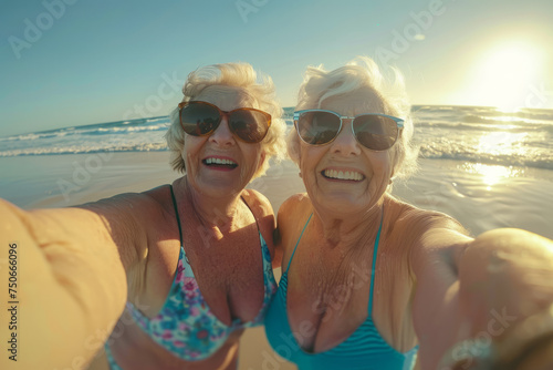 two happy senior women in swim suits on a beach taking a selfie at golden hour