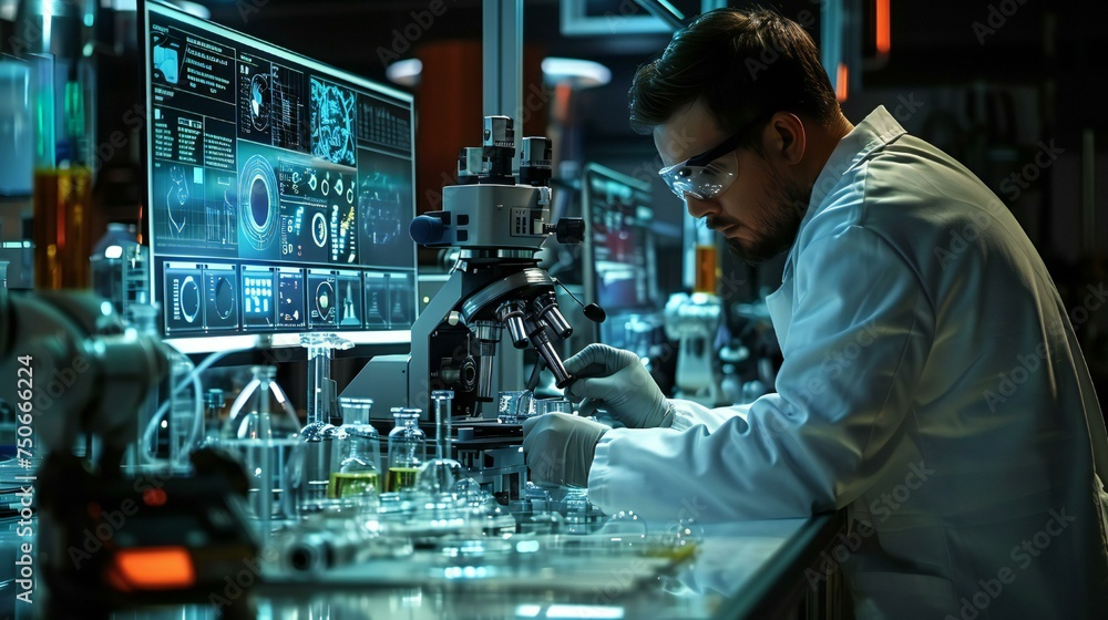 A man in a lab coat is working on a computer monitor with a microscope