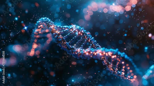A DNA strand is shown in a blue and red color scheme