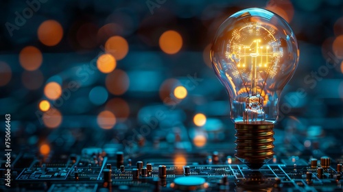 A light bulb is lit up on a circuit board
