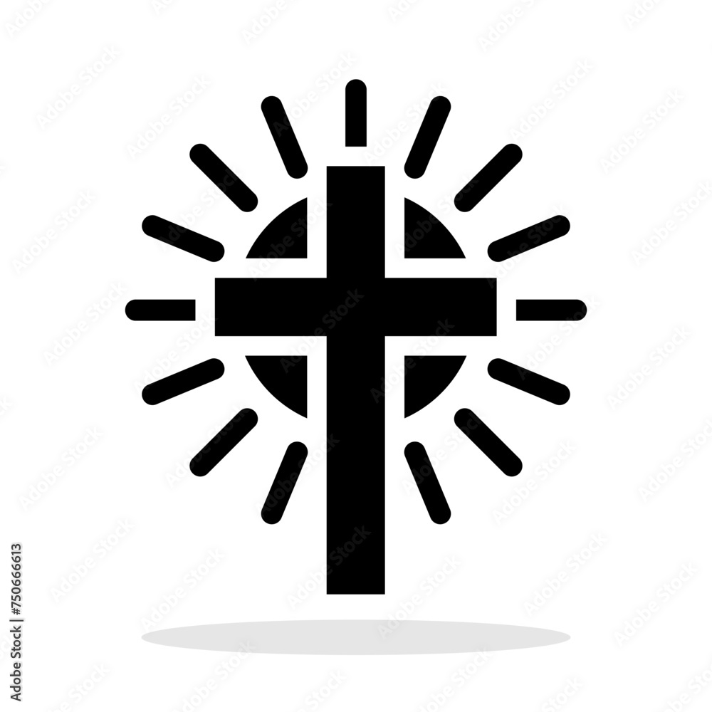 Christian cross icon. Black symbol of Christian cross with sun rays. Religious symbol. Vector illustration. Christian cross icon. Black symbol of Christian cross with sun rays. Religious symbol. Vector illustration.