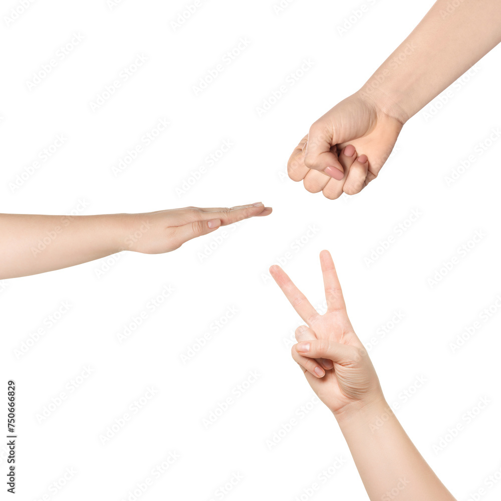 People playing rock, paper and scissors on white background, top view People playing rock, paper and scissors on white background, top view