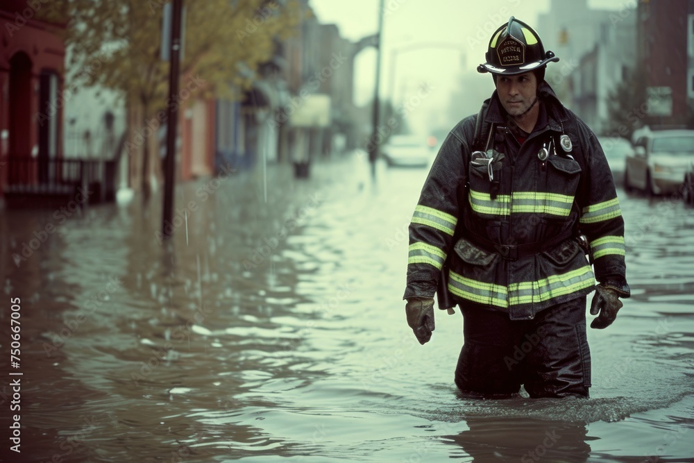fireman with a helmet is walking through a flooded street. generative ai fireman with a helmet is walking through a flooded street. generative ai