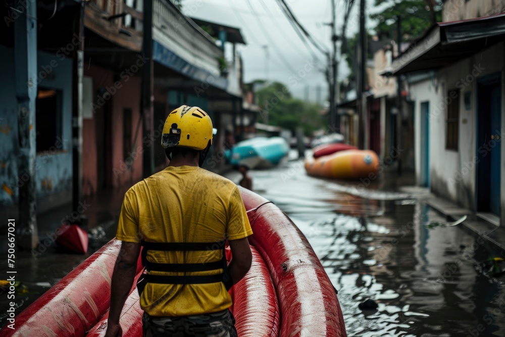 fireman with a helmet is walking through a flooded street. generative ai fireman with a helmet is walking through a flooded street. generative ai