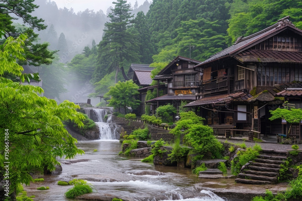 Japanese village with a river and a waterfall. generative ai Japanese village with a river and a waterfall. generative ai