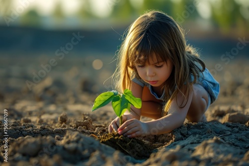 girl planting a green plant in a dry dirt field, in the style of strong emotional impact, childhood arcadias --ar 3:2 --style raw --v 6 Job ID: a74ed5e6-2fd8-4eaf-9472-47eec2ff164c photo