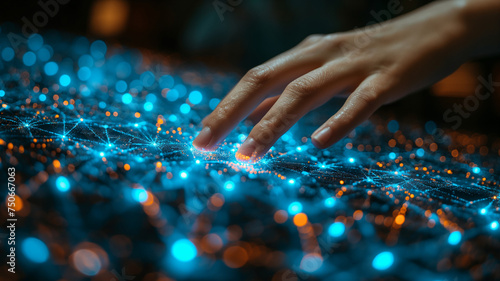 Human hand touching neuronal network of artificial intelligence system, black blur background