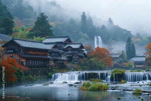 Japanese village with a river and a waterfall. generative ai